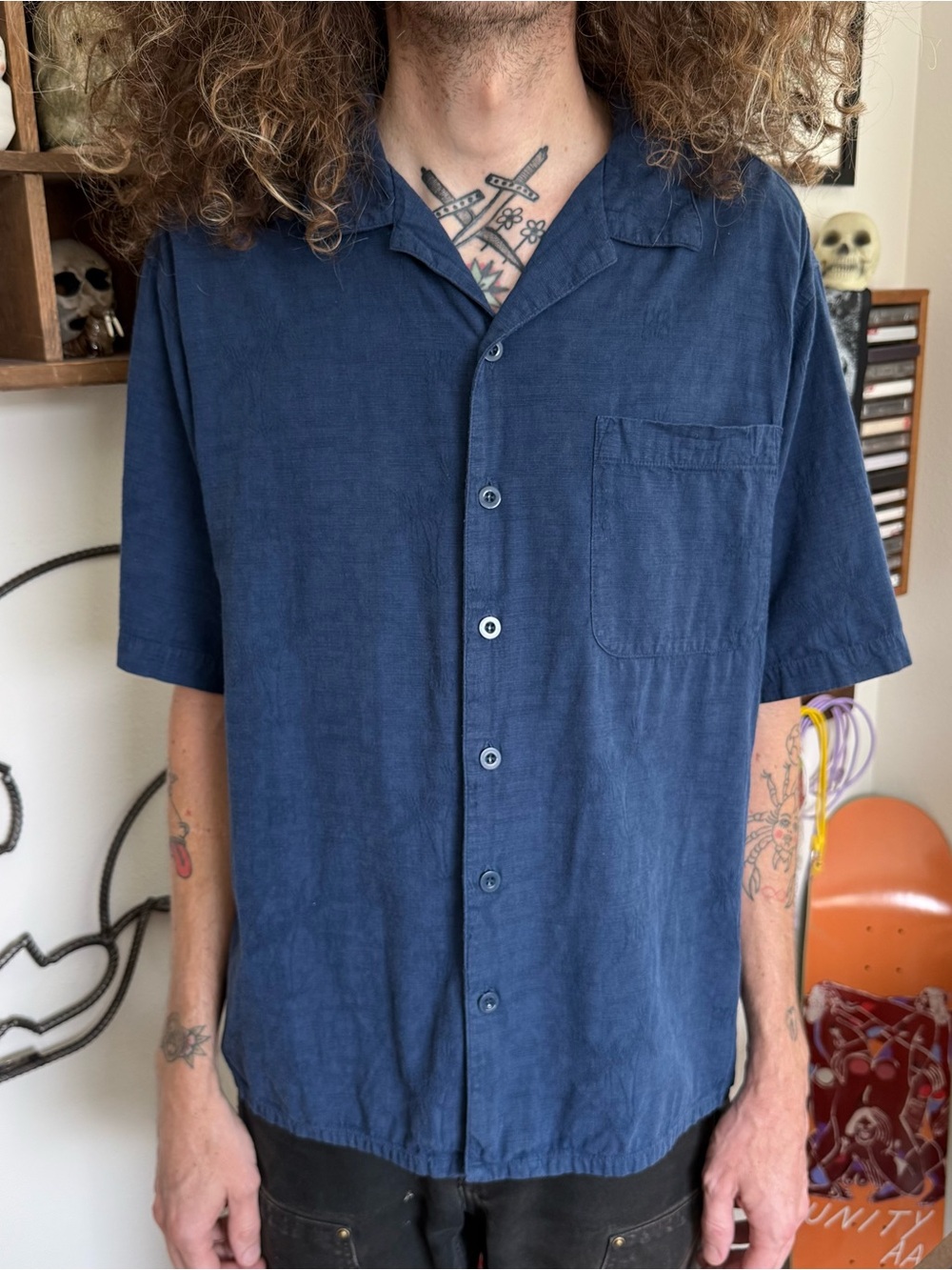 Vintage 90s 2000s Navy Blue Jacquard Palm Tree Hawaiian Shirt ~ Size Large